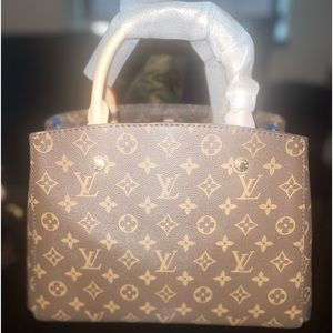 Brown flower print top handle tote